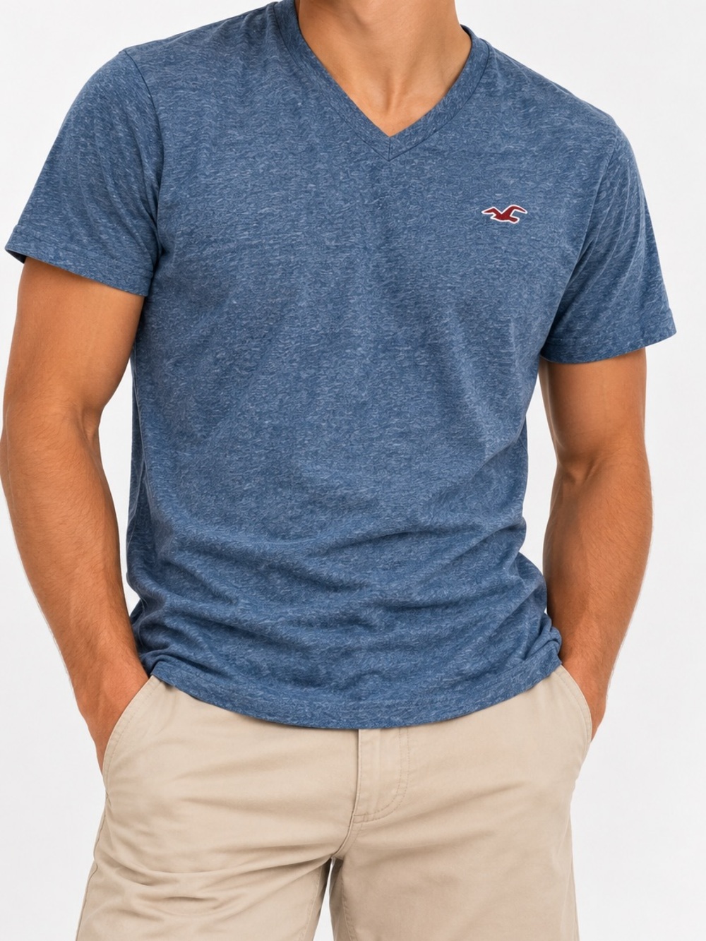 Hollister Men’s Blue Heather V-Neck T-Shirt Embroidered Logo Size S